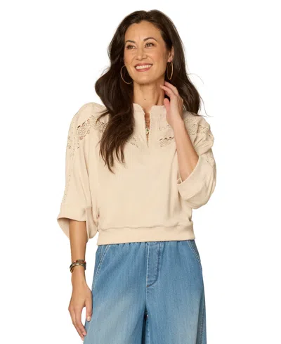 Democracy Petite Mandarin Collar Embroidered Knit Top In Neutral