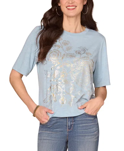 Democracy Petite Metallic Graphic Top In Blue