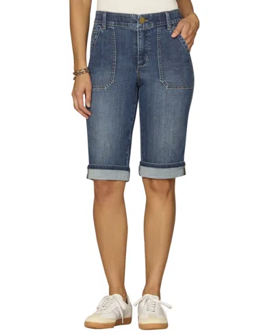Democracy Petite Mid-rise Bermuda Shorts In Blue