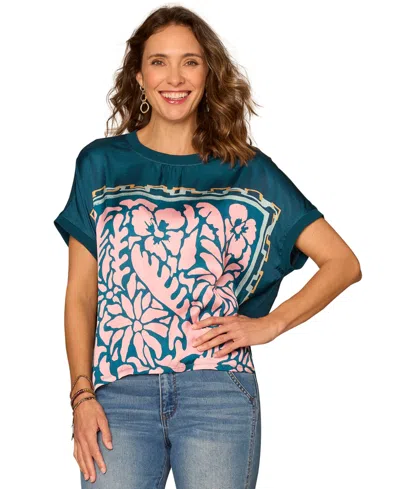 Democracy Petite Mixed-media Crewneck Knit Top In Blue