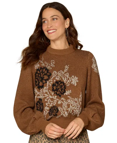 Democracy Petite Mock Neck Floral Sweater In Brown