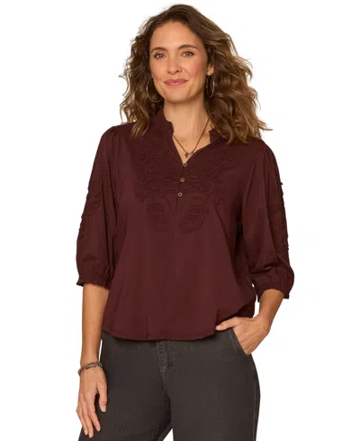 Democracy Petite Notch Neck Mixed Media Top In Brown