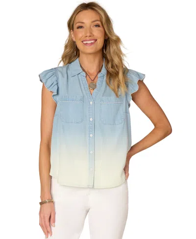 Democracy Petite Ombre Button-front Flutter-sleeve Top In Blue