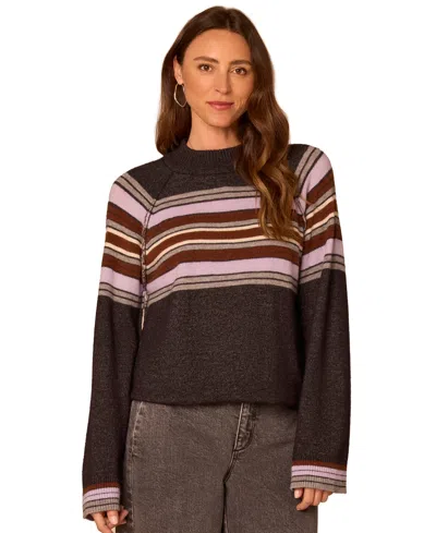 Democracy Petite Placement-stripe Mock-neck Bubble-hem Sweater In Brown