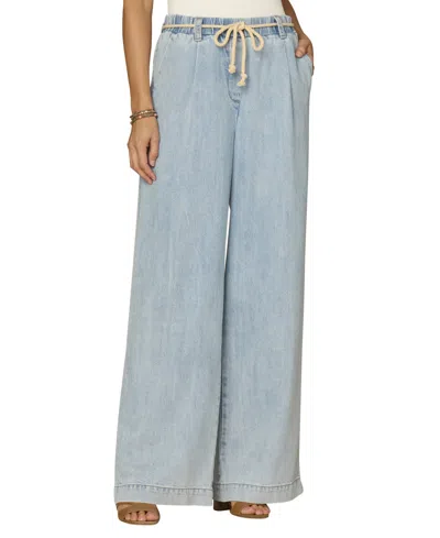 Democracy Petite Pleated Wide Leg Rope Tie Belt Pants In Blue