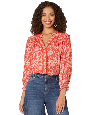 Democracy Petite Printed Blouson-sleeve Button-front Shirt In Poppy Red