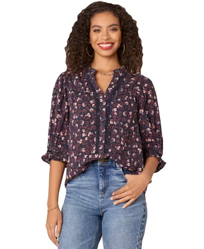 Democracy Petite Printed Crochet-trim Cotton Button-front Shirt In Navy Multi