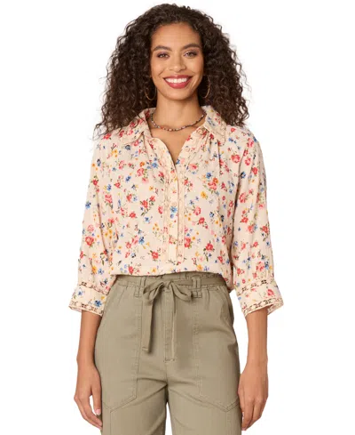 Democracy Petite Printed Crochet-trim Cotton Button-front Shirt In Rose Smoke