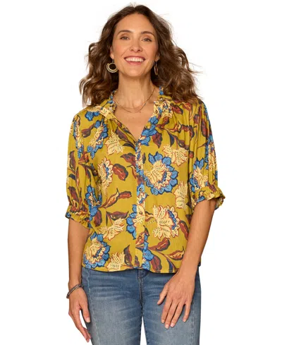 Democracy Petite Printed Elbow-sleeve Blouse In Yellow