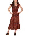 Democracy Petite Printed Flutter-sleeve Tiered Dress In Burgundy