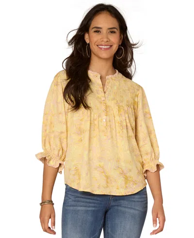 Democracy Petite Printed Lantern-sleeve Pintuck Top In Butter Cream