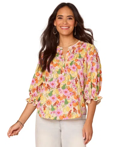 Democracy Petite Printed Lantern-sleeve Top In Ecru-butte