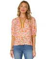 Democracy Petite Printed Notch-neck Elbow-sleeve Top In Multi