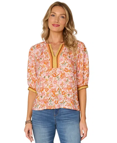 Democracy Petite Printed Notch-neck Elbow-sleeve Top