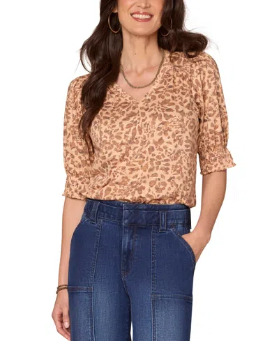 Democracy Petite Printed Puff-sleeve Top In Brown