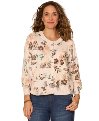 Democracy Petite Printed Round Neck Cardigan In Neutral