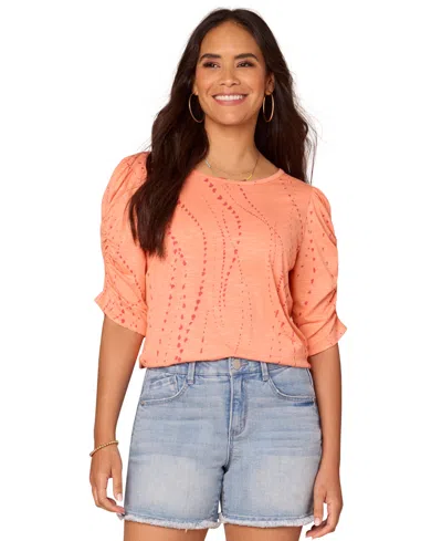 Democracy Petite Printed Ruched-sleeve Scoop-neck Top