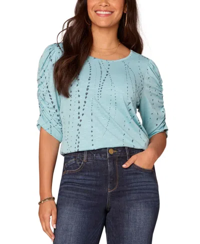 Democracy Petite Printed Ruched-sleeve Scoop-neck Top In Island Sky
