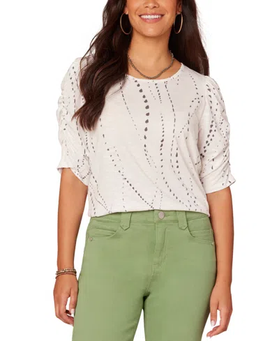 Democracy Petite Printed Ruched-sleeve Scoop-neck Top In Owbk Off W