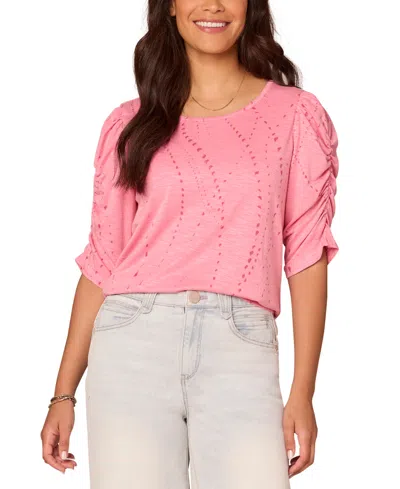 Democracy Petite Printed Ruched-sleeve Scoop-neck Top In Sachet Pin