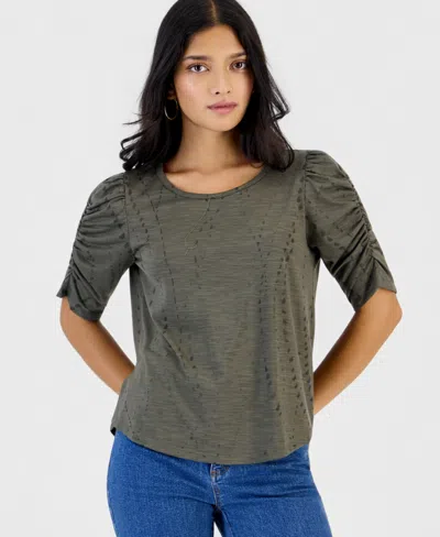 Democracy Petite Printed Ruched-sleeve Scoop-neck Top In Dark Forest