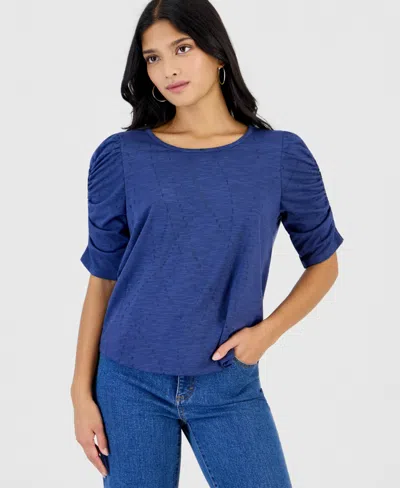 Democracy Petite Printed Ruched-sleeve Scoop-neck Top In Ensign Blue