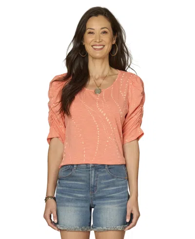 Democracy Petite Printed Ruched-sleeve Scoop-neck Top In Orange