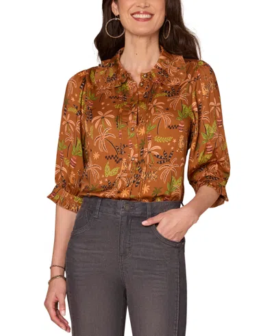 Democracy Petite Printed Ruffled Pintucked Top In Multi