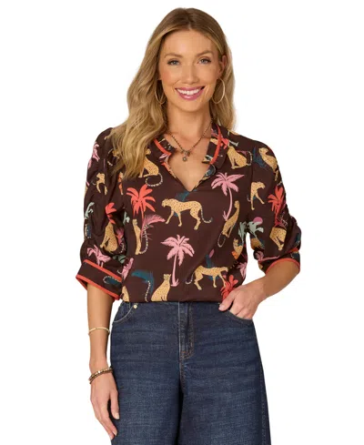 Democracy Petite Printed Split-neck Ruched-sleeve Top In Brown