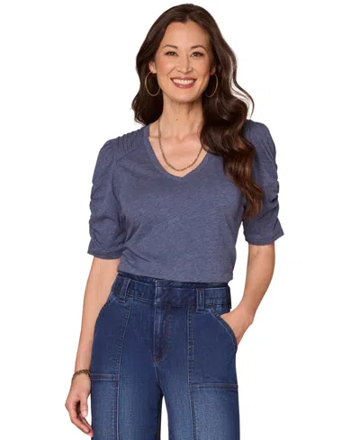 Democracy Petite Puff-sleeve V-neck Knit Top In Blue