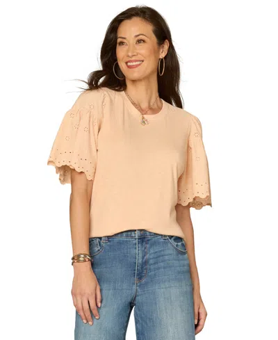 Democracy Petite Puff-sleeve Crewneck Shirttail Hem Knit Top In Brown