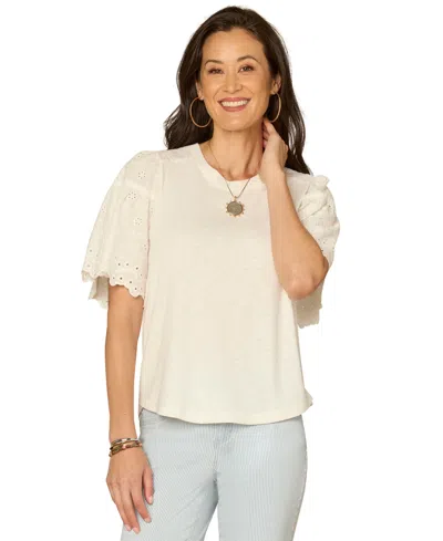Democracy Petite Puff-sleeve Crewneck Shirttail Hem Knit Top In Multi