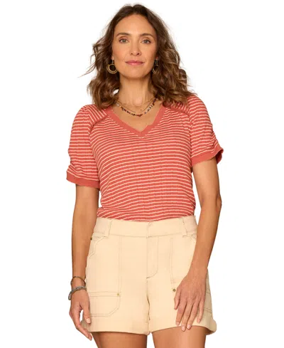 Democracy Petite Puff-sleeve V-neck Top In Red