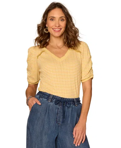 Democracy Petite Puff-sleeve V-neck Top In Yellow