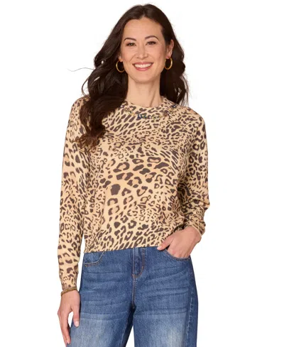 Democracy Petite Round Neck Printed Sweater In Animal Print