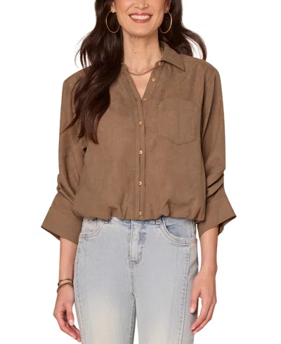 Democracy Petite Ruched-sleeve Bubble-hem Shirt In Brown