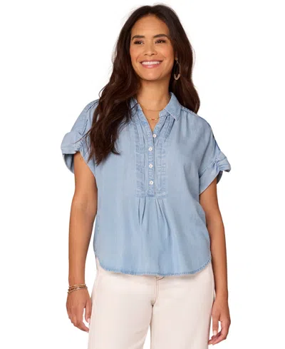 Democracy Petite Ruched-sleeve Quarter-button Collared Top In Lb Light B
