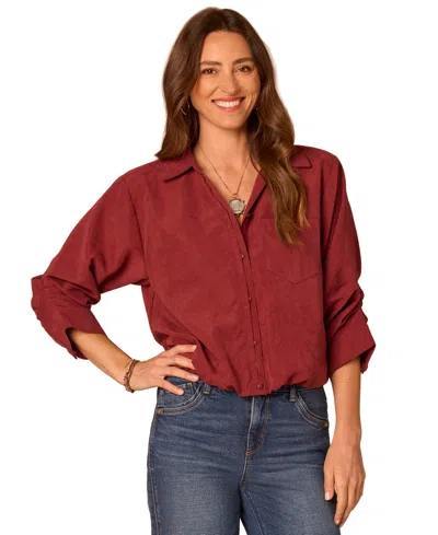 Democracy Petite Ruched-sleeve Bubble-hem Shirt In Burgundy