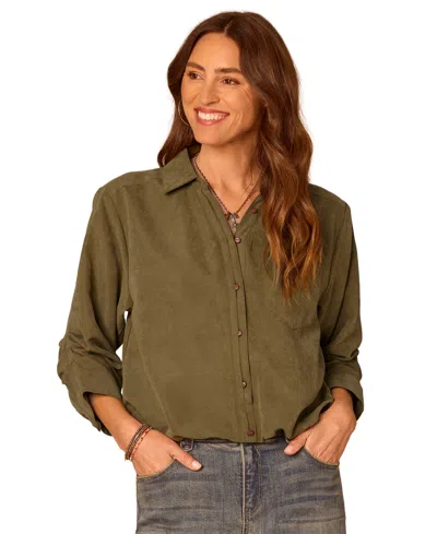 Democracy Petite Ruched-sleeve Bubble-hem Shirt In Brown