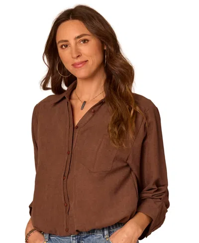 Democracy Petite Ruched-sleeve Bubble-hem Shirt In Brown