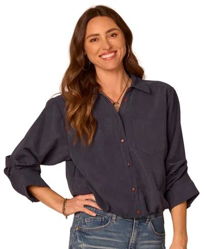 Democracy Petite Ruched-sleeve Bubble-hem Shirt In Blue