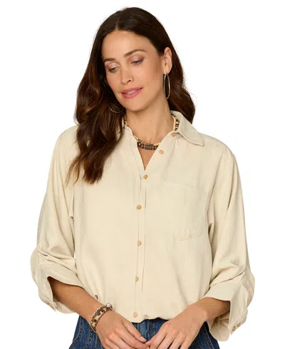 Democracy Petite Ruched-sleeve Bubble-hem Shirt In Neutral