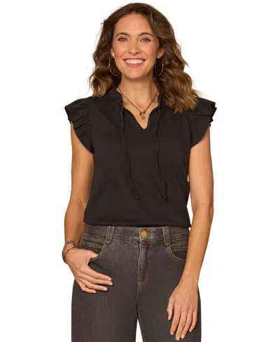 Democracy Petite Ruffle Cap-sleeve Knit Top In Black