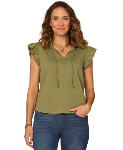 Democracy Petite Ruffle Cap-sleeve Knit Top In Green