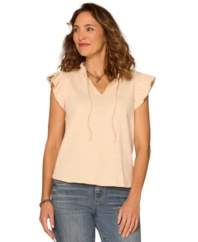Democracy Petite Ruffle Cap-sleeve Knit Top In Neutral
