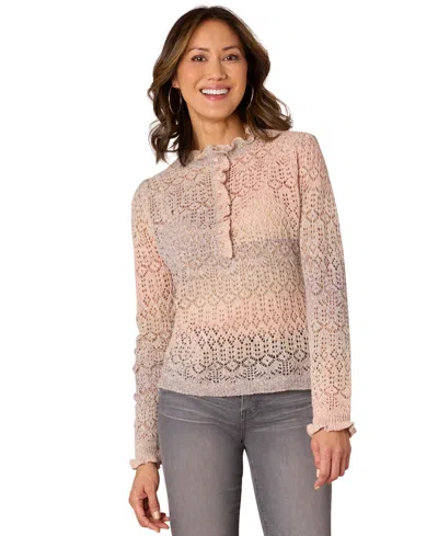 Democracy Petite Ruffle-neck Long-sleeve Button-front Top In Sugar Coral