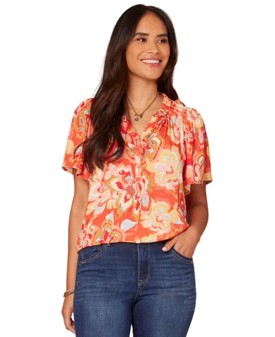 Democracy Petite Ruffle-trim Bell-sleeve Blouse In Candy Red