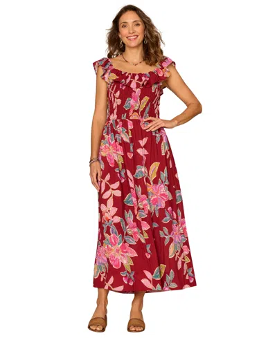 Democracy Petite Ruffle-sleeve Floral U-neck Maxi Dress In Red