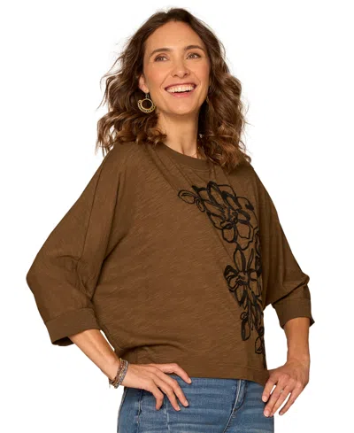 Democracy Petite Scoop Neck Embroidered Knit Top In Brown