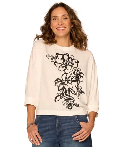 Democracy Petite Scoop Neck Embroidered Knit Top In Neutral